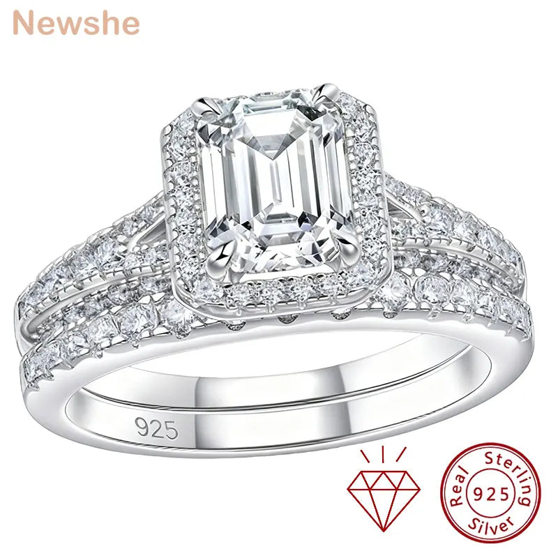 Newshe Women's Stackable VVS1 Moissanite Wedding Rings Set GRA Certified Halo Emerald Cut 925 Sterling Silver Bridal Ring