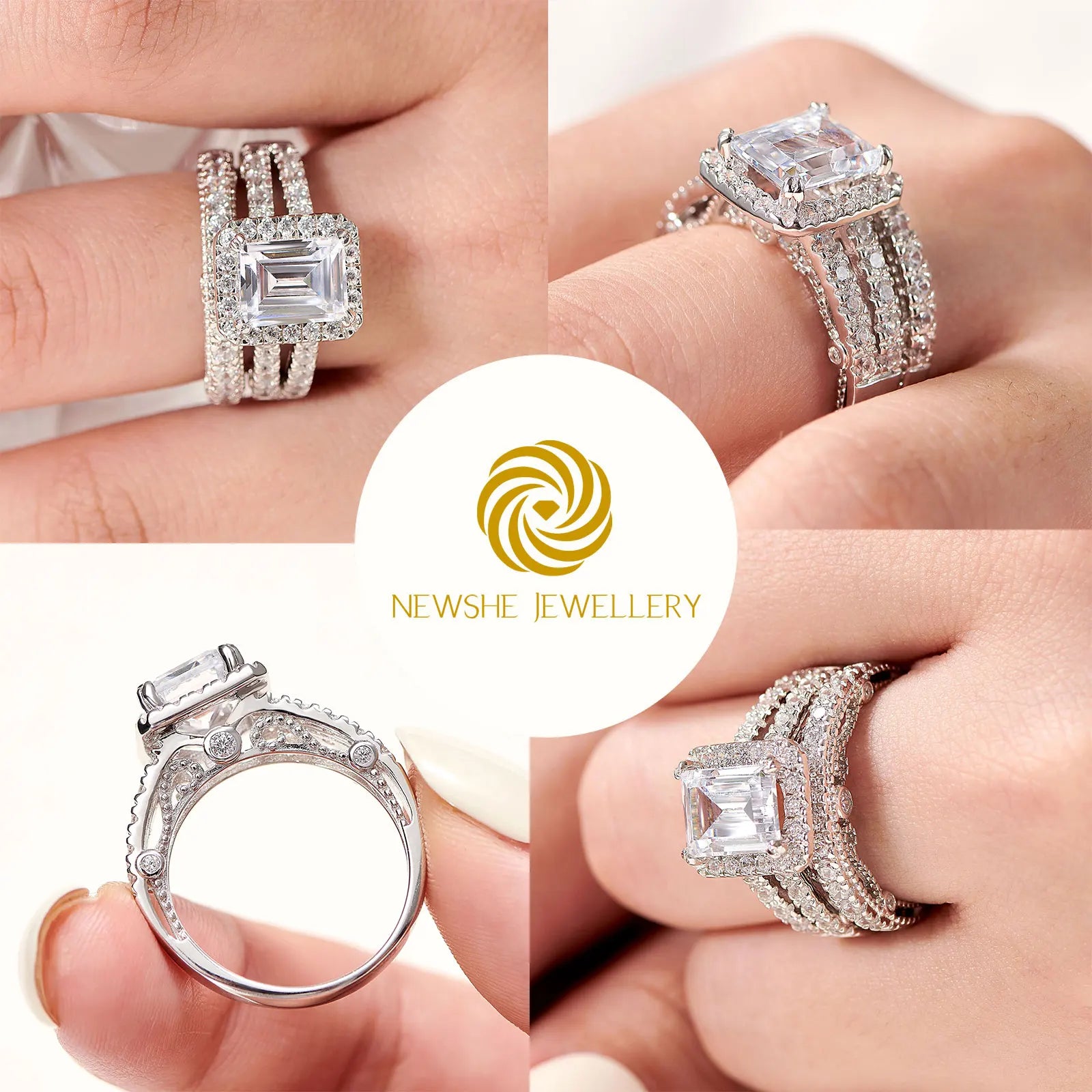Newshe 925 Sterling Silver Vintage Emerald Cut AAAAA Cubic Zircon Wedding Engagement Rings for Women Bridal Set Fine Jewelry