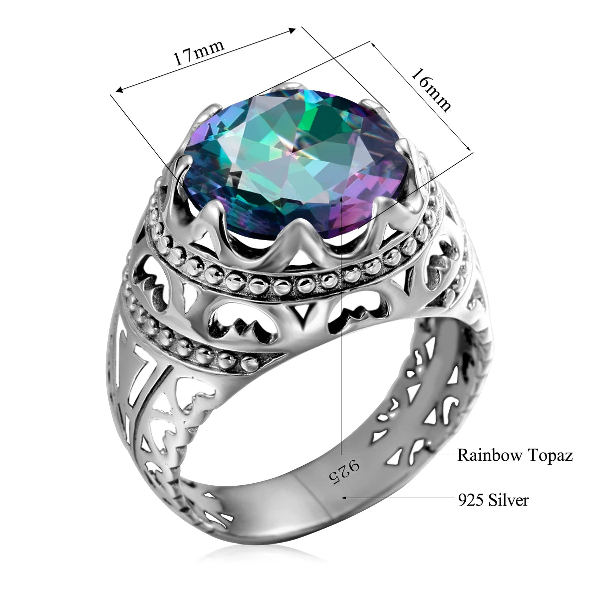 Vintage Rings For Men Genuine 925 Sterling Silver Male Ring 13*13mm Mystic Topaz Round Cut Stone Men's Jewelry Beautiful