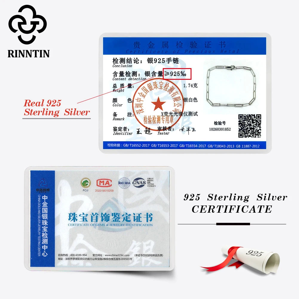 Rinntin Genuine 925 Sterling Silver Italian Paperclip Link Chain Bracelet for Women Trendy Silver Hand Bracelet Jewelry SB218