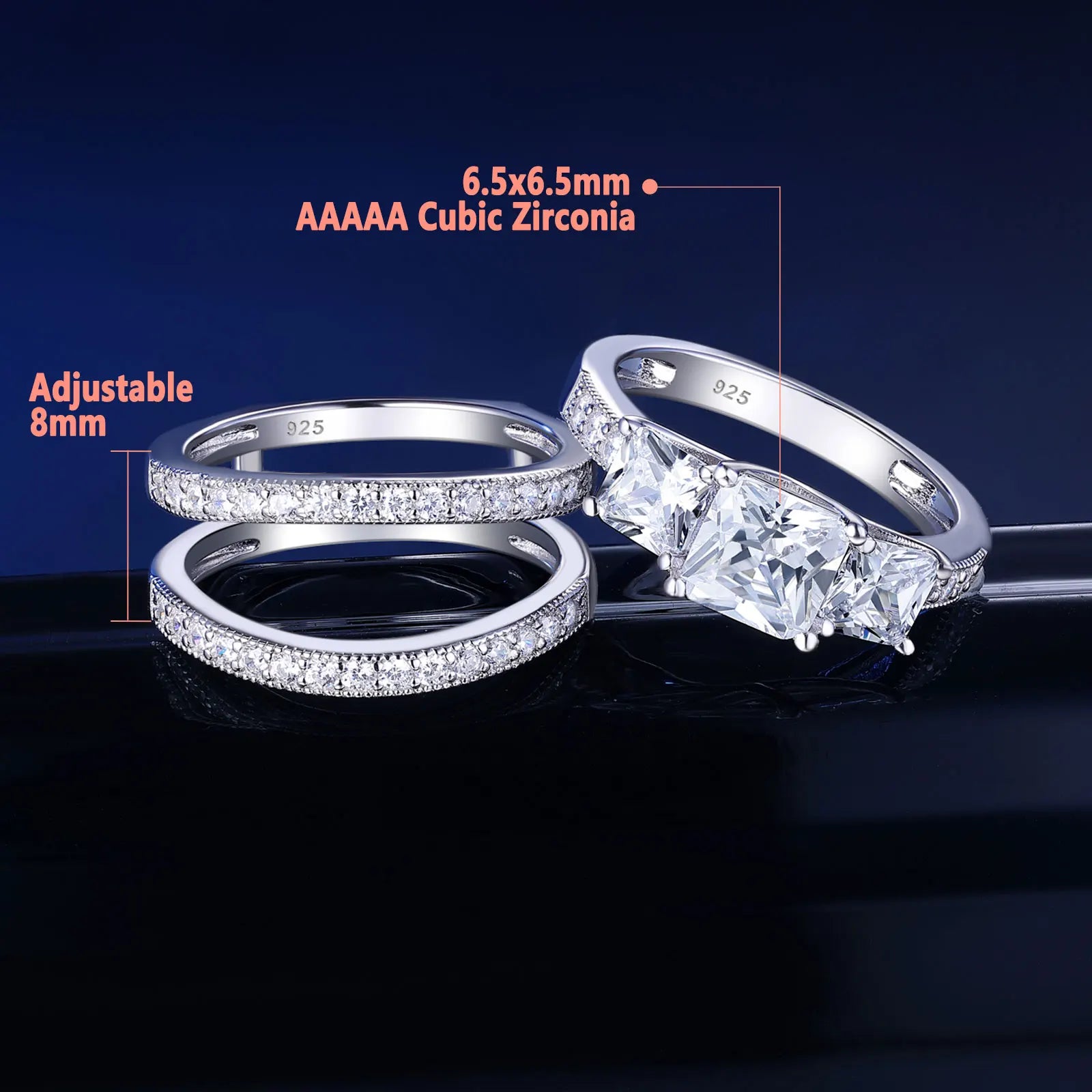 Newshe Three-Stone Princess Cut AAAAA CZ 925 Sterling Silver Engagement Rings Set for Women Adjustable Wedding Ring Enhancer