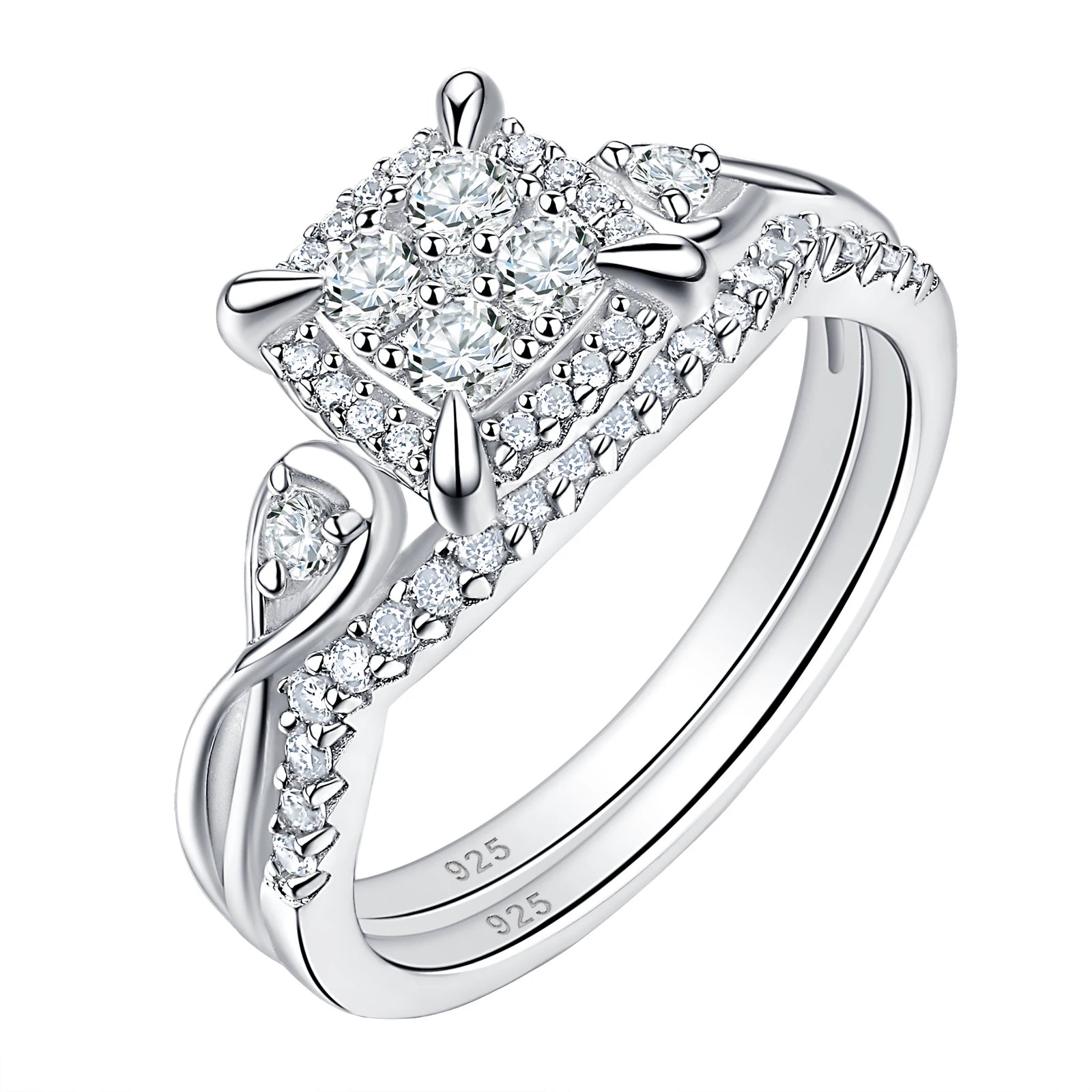 Newshe 2pcs / 3pcs Bridal Rings Set for Women Solid 925 Sterling Silver Engagement Ring Wedding Bands Halo Round Cut 5A Zircons