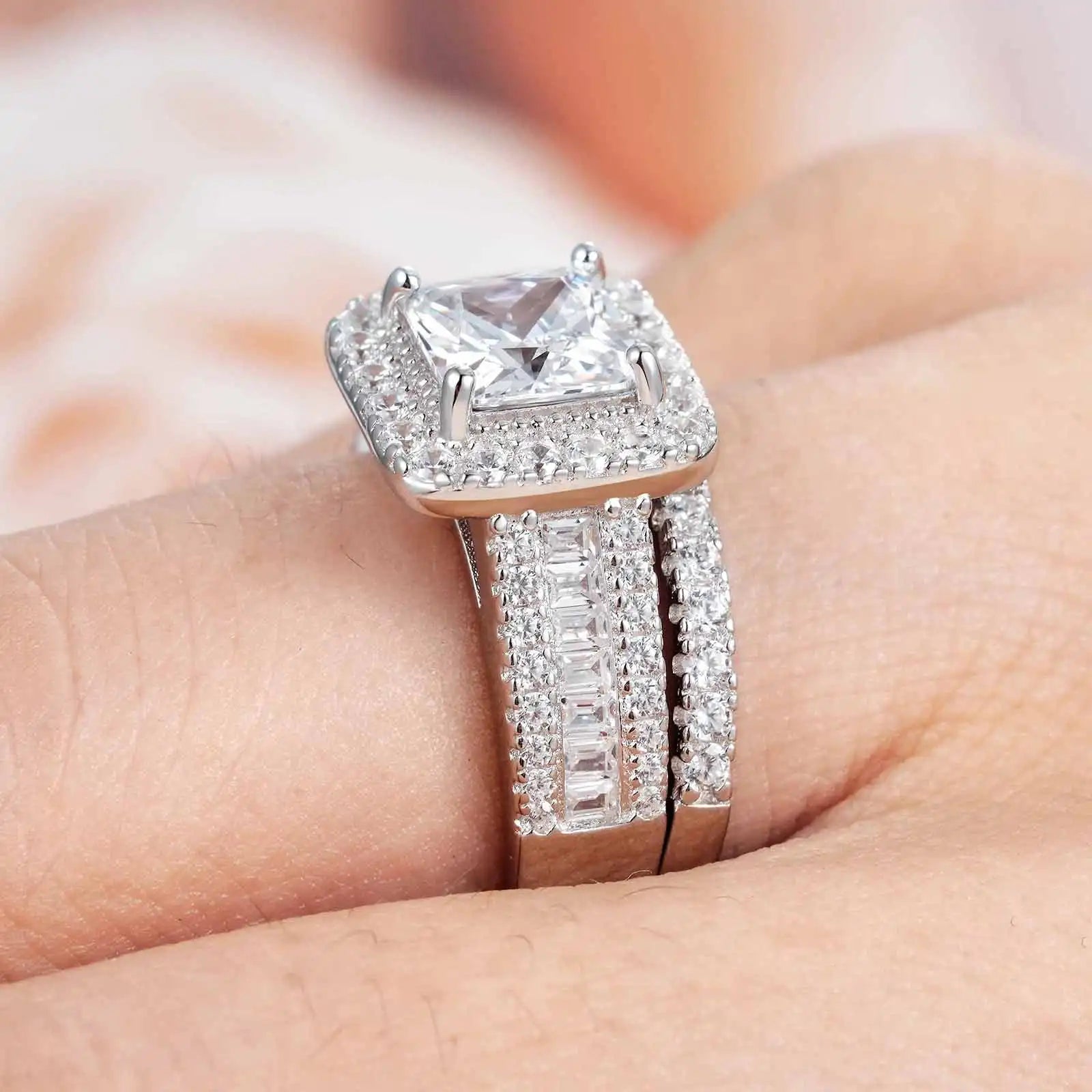 Newshe 925 Sterling Silver Wedding Jewelry Bridal Ring Sets for Women 3.5 CT Imitation Diamond Princess Cut AAAAA Cubic Zircon
