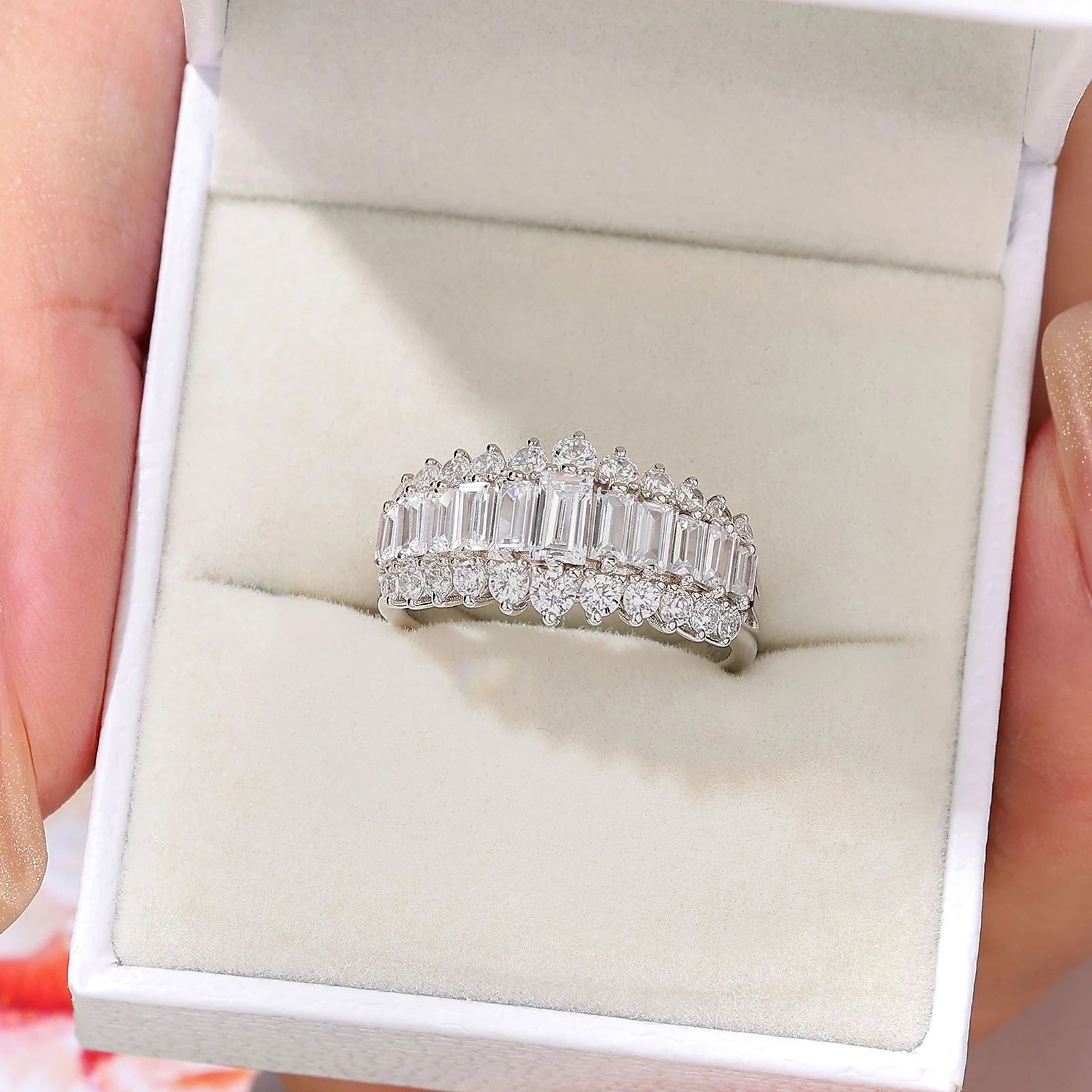 Newshe 925 Sterling Silver Emerald Cut Wedding Bands for Women Engagement Rings Cubic Zircon Eternity Ring
