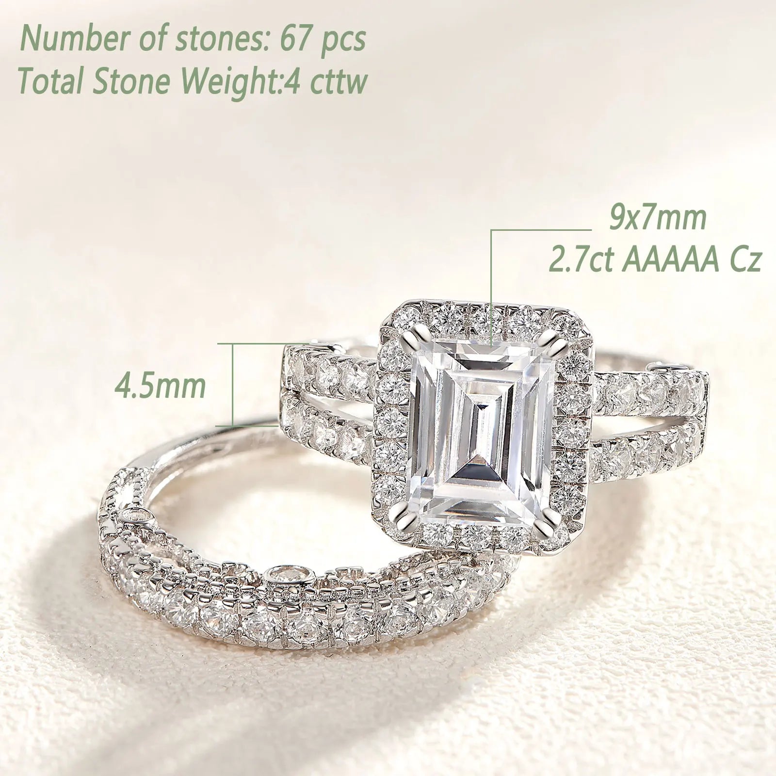 Newshe 925 Sterling Silver Vintage Emerald Cut AAAAA Cubic Zircon Wedding Engagement Rings for Women Bridal Set Fine Jewelry