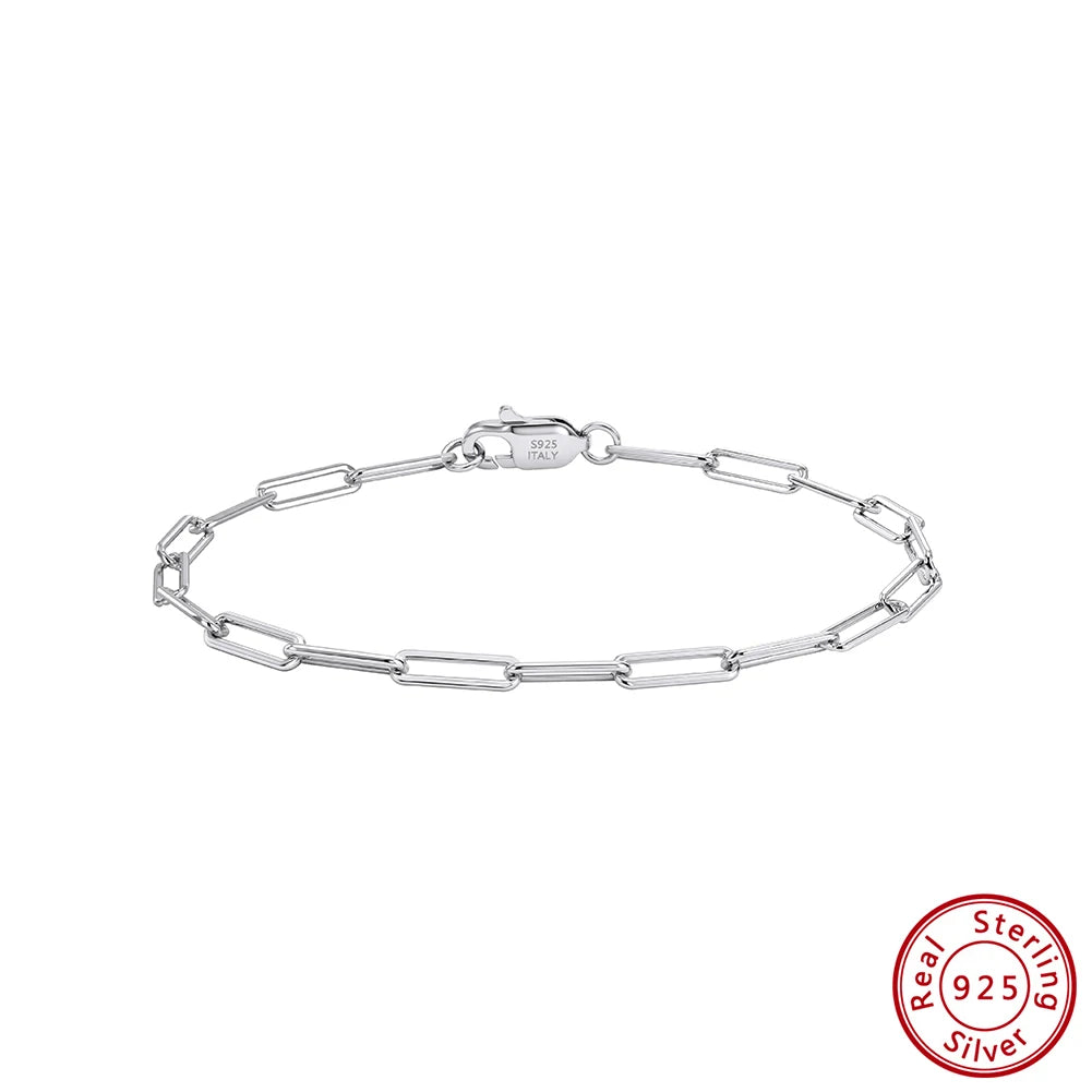 Rinntin Genuine 925 Sterling Silver Italian Paperclip Link Chain Bracelet for Women Trendy Silver Hand Bracelet Jewelry SB218