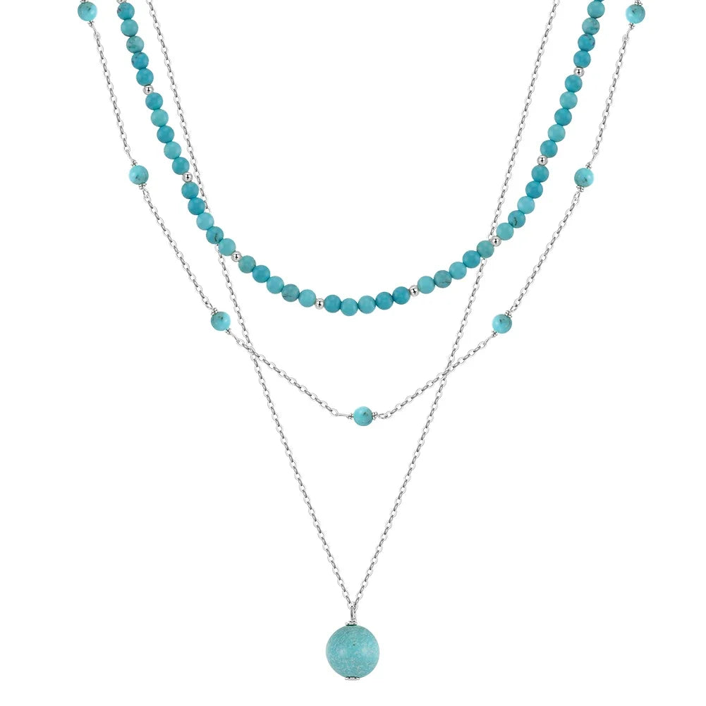 Rinntin 925 Sterling Silver Boho Layered Choker Necklace with Natural Turquoise for Women Summer Sexy Jewelry Accessorry BQN33