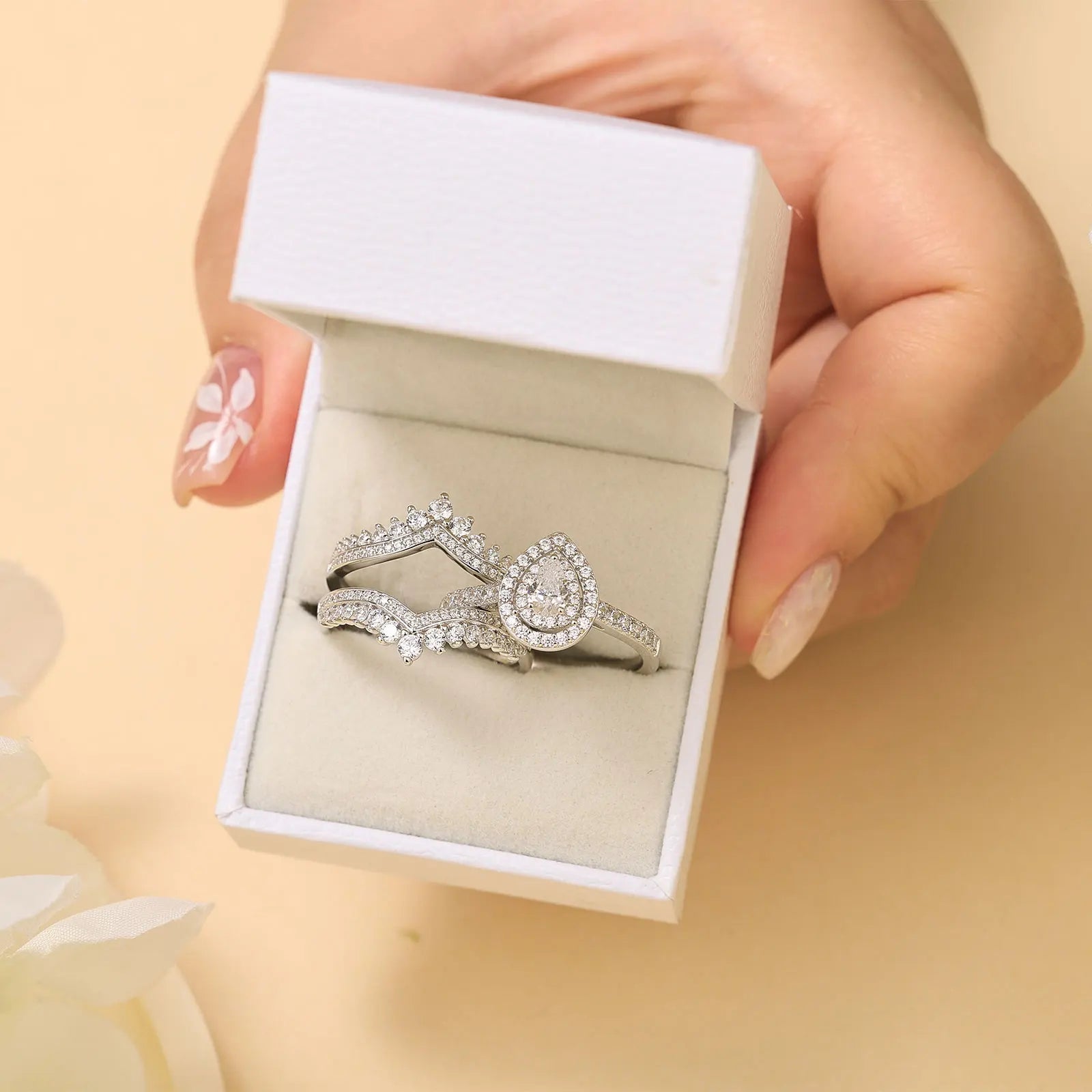 Newshe Full Moissanite Halo Pear Engagement Ring Bridal Set for Women Enhancer Wedding Band Wraps White Gold Plated Jewelry