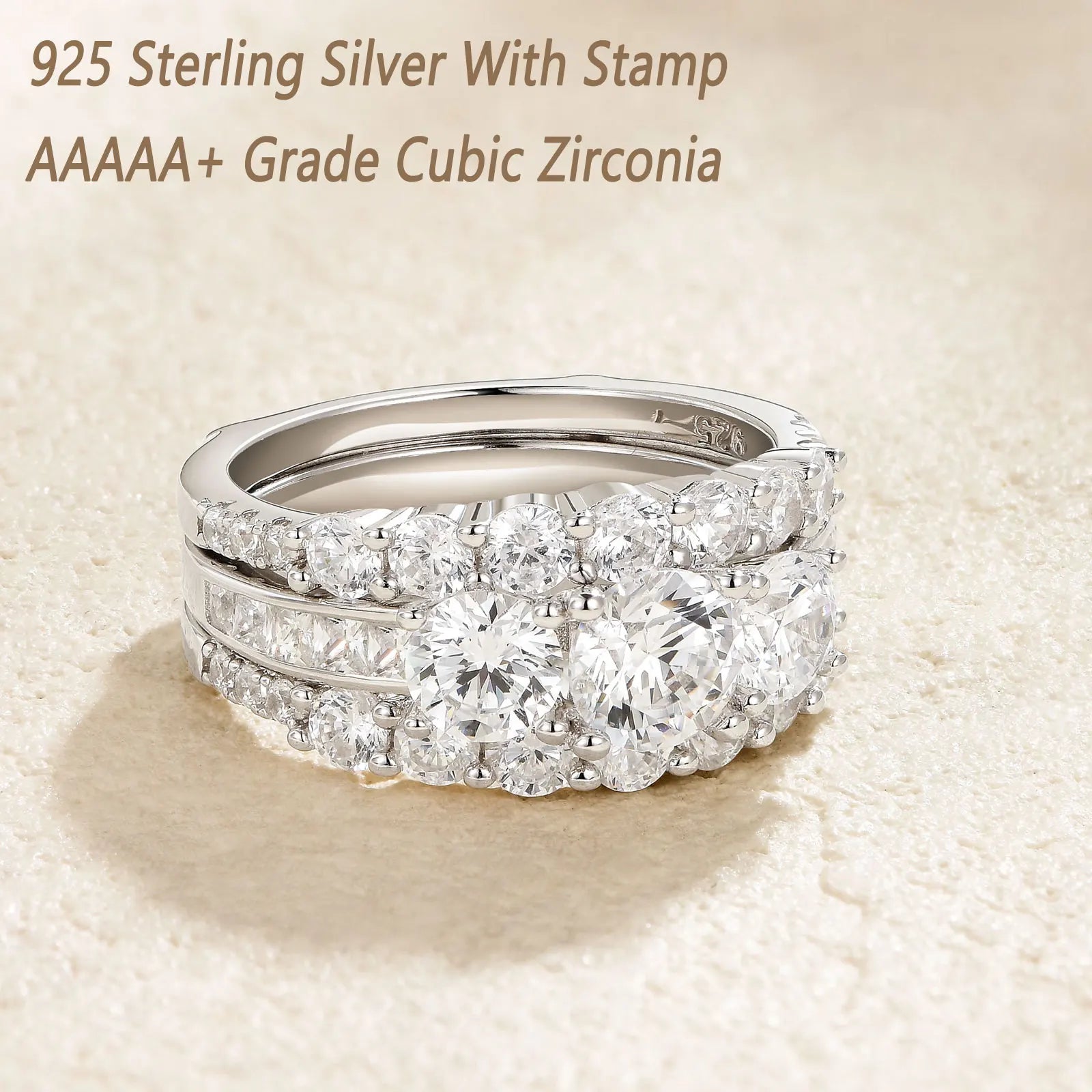 Newshe Solid 925 Sterling Silver Wedding Rings for Women AAAAA Grade Brilliant Round Cubic Zircon Guard Band Jewelry