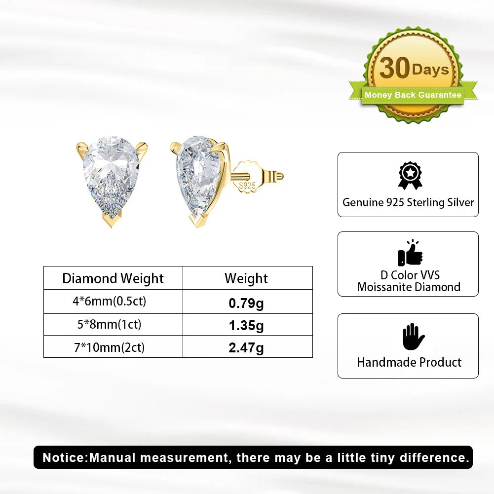 Rinntin Pear Shape 0.5-2CT Moissanite Earrings GRA Certified Shiny Diamond Ear Jewelry Solid 925 Silver Stud Earring Gift SMOE01