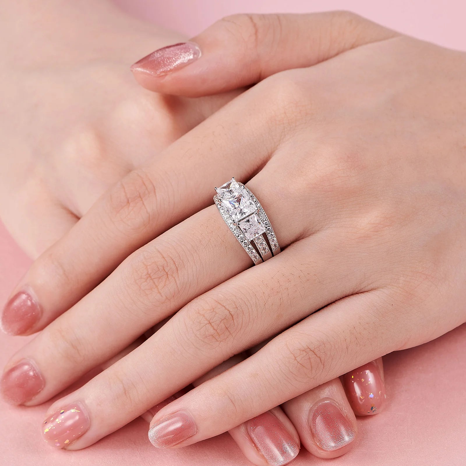 Newshe Three-Stone Princess Cut AAAAA CZ 925 Sterling Silver Engagement Rings Set for Women Adjustable Wedding Ring Enhancer