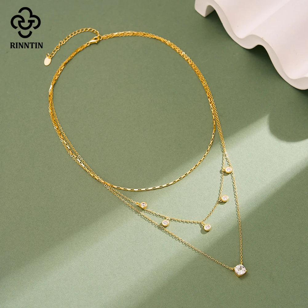 Rinntin Luxury 925 Sterling Silver Layered Choker Necklace for Women Brilliant Summer Necklace Party Jewelry Accessorry BQN43