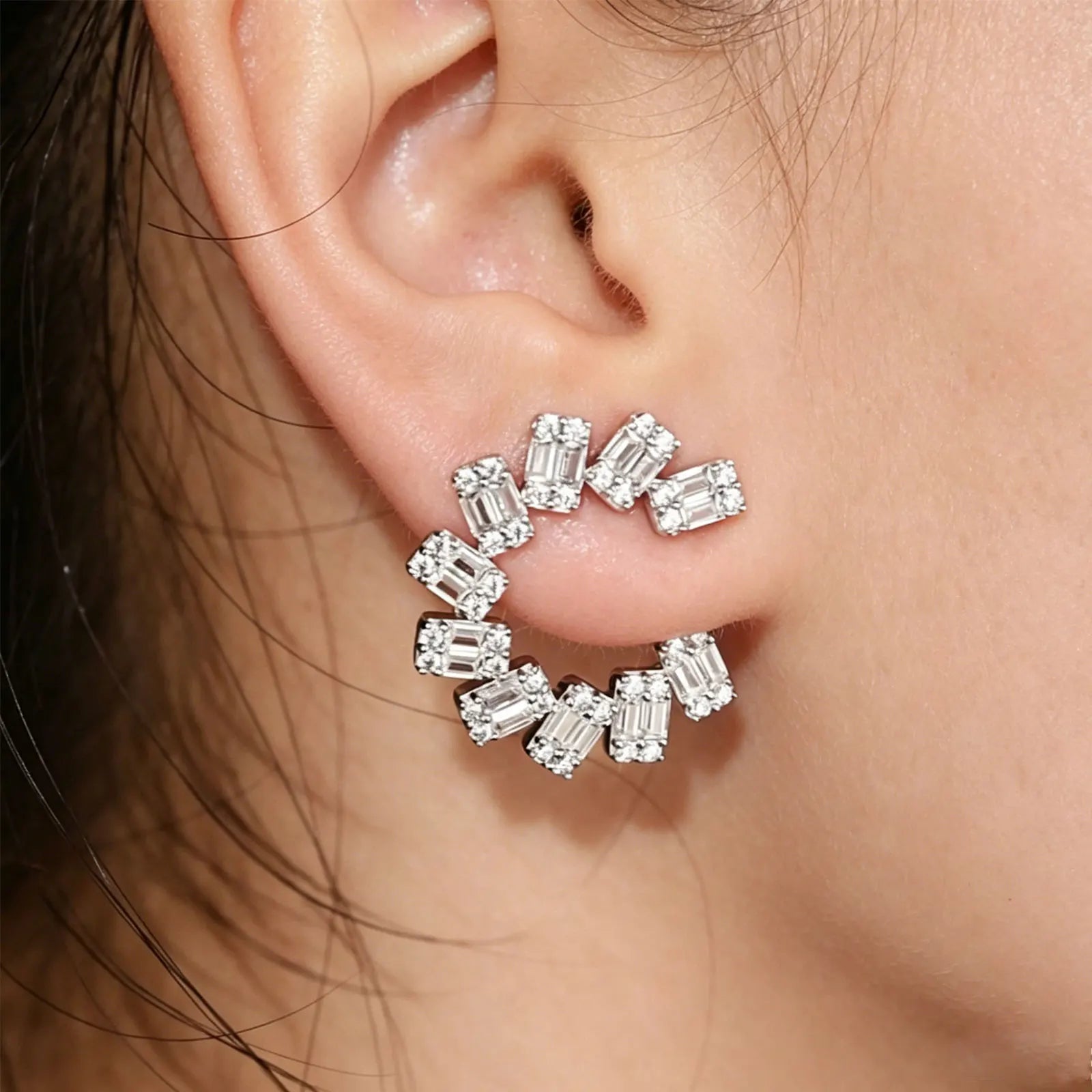 Newshe Solid 925 Sterling Silver Stub Hoop Earrings for Women AAAAA Cubic Zircon Wedding Luxury Jewelry