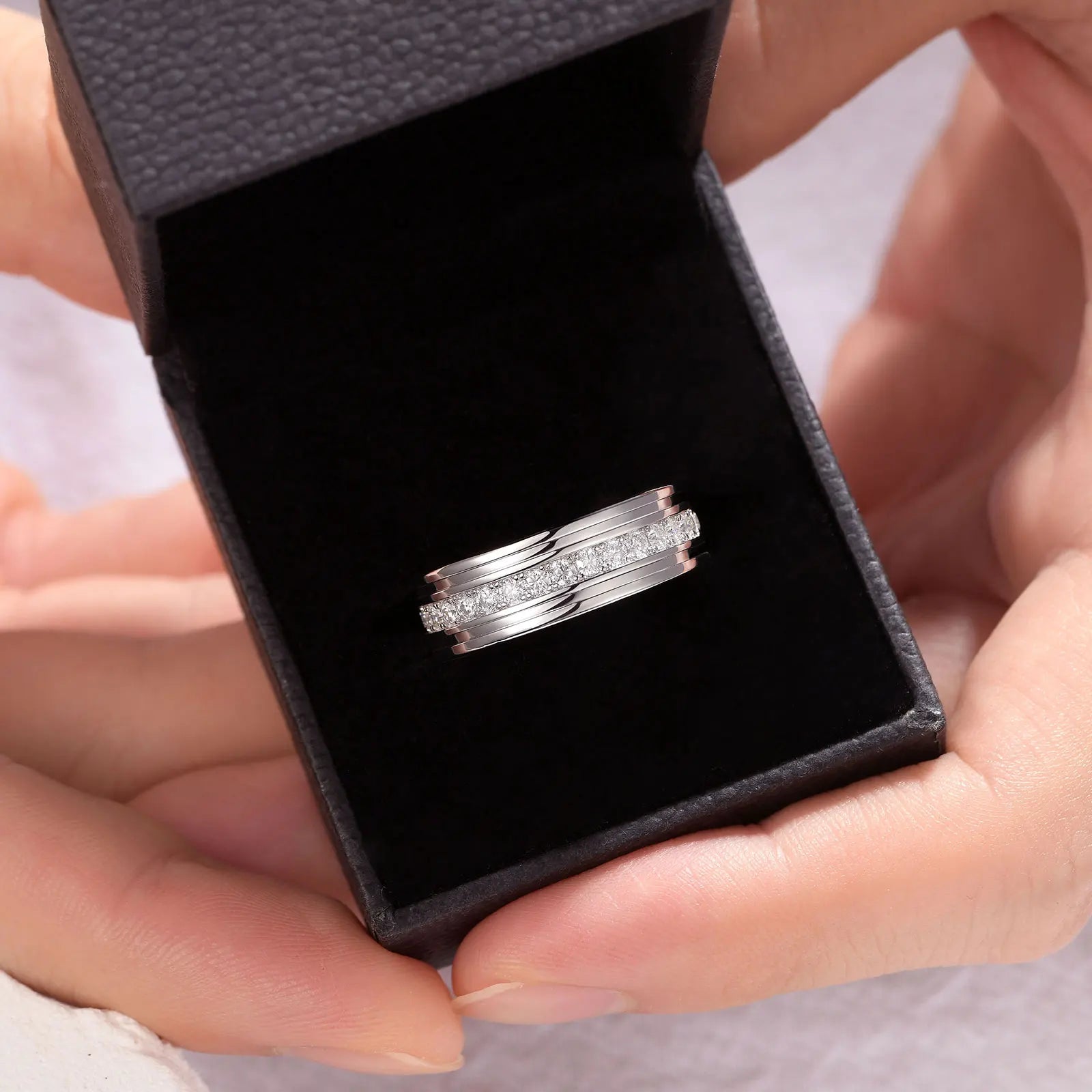 Newshe D Color Men’s Moissanite Wedding Bands 925 Sterling Silver Promise Rings for Him Eternity Round Cut Pave Setting Jewelry