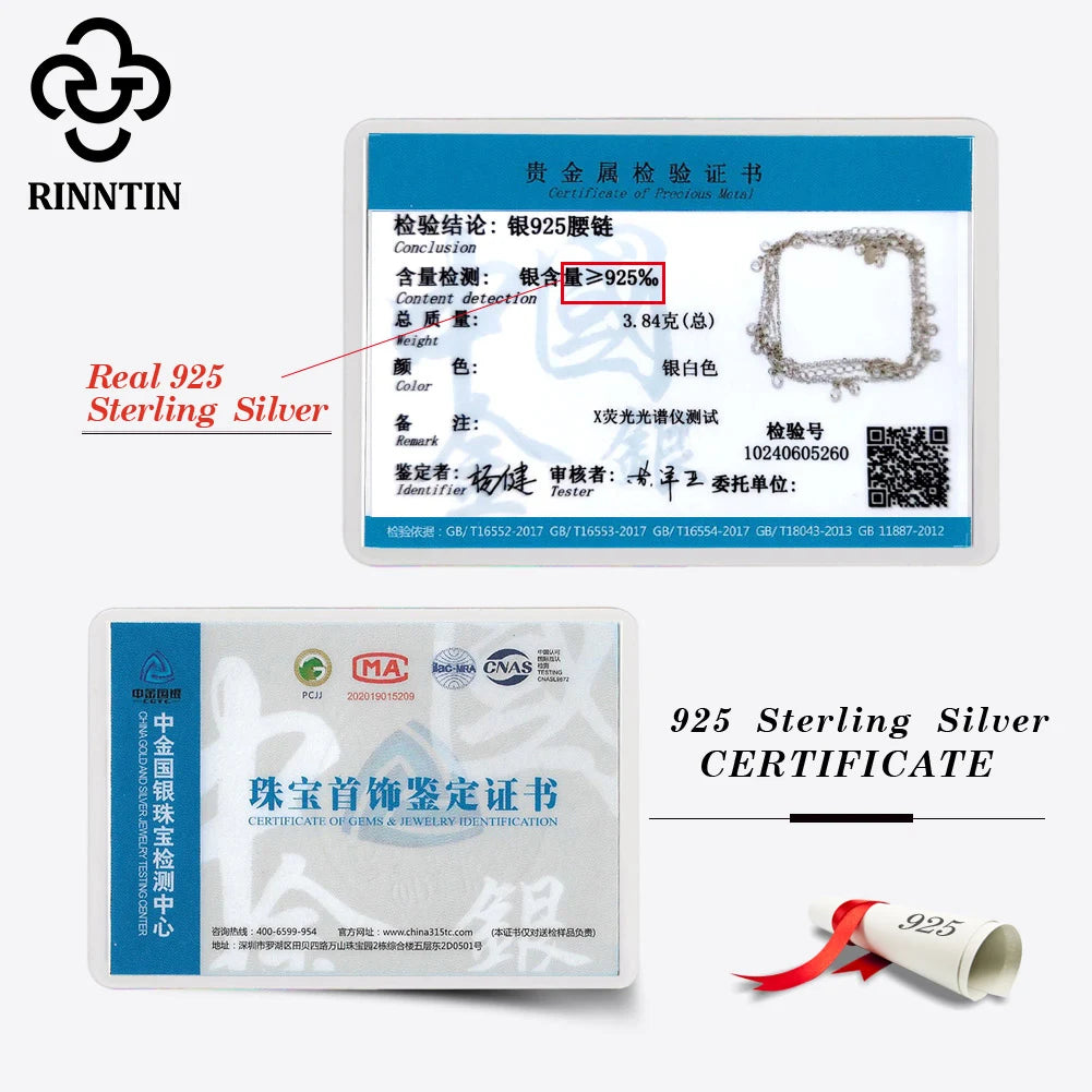 Rinntin Small Zirconia Pendants Waist Chain for Women Minimalist Sexy 925 Silver Link Chain Belly Chain Beach Jewelry CW01