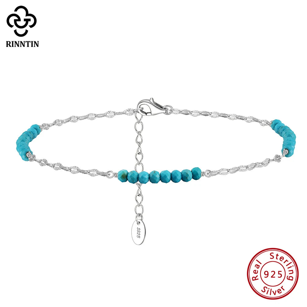 Rinntin 925 Sterling Silver Natural Turquoise Anklet with Butterfly Chain for Women Dainty Vintage Straps Jewelry SA85