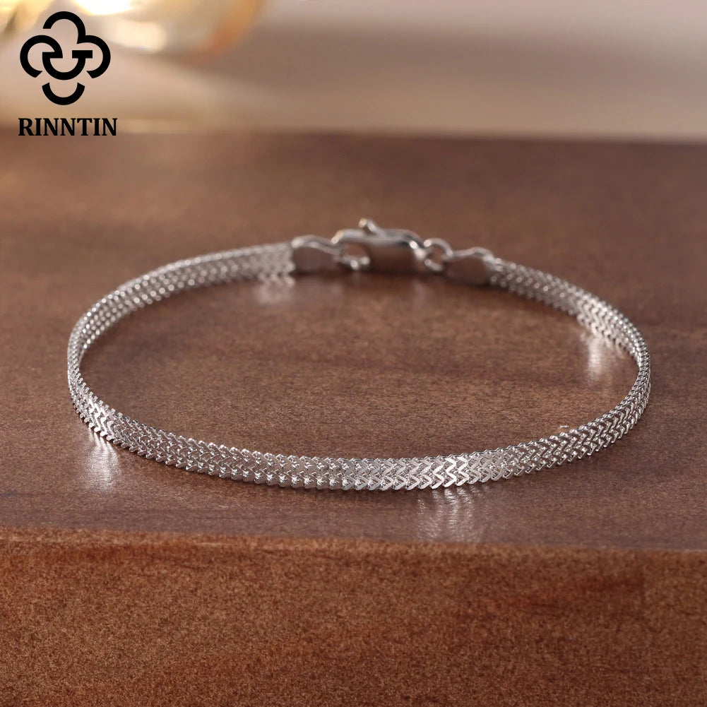 Rinntin 925 Sterling Silver 2.8mm Flat Mesh Chain Bracelets Hight-Quality Bangle Chain Simple Women Men Daily Accessories SB216