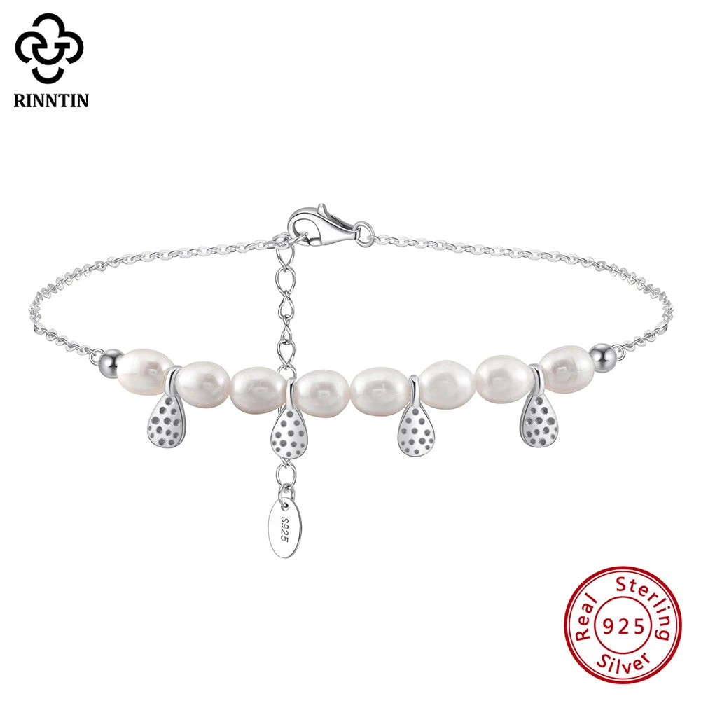 Rinntin Genuine 925 Sterling Silver Natural Pearls Chain Anklets for Women Vintage Foot Bracelet Ankle Straps Jewelry SA65