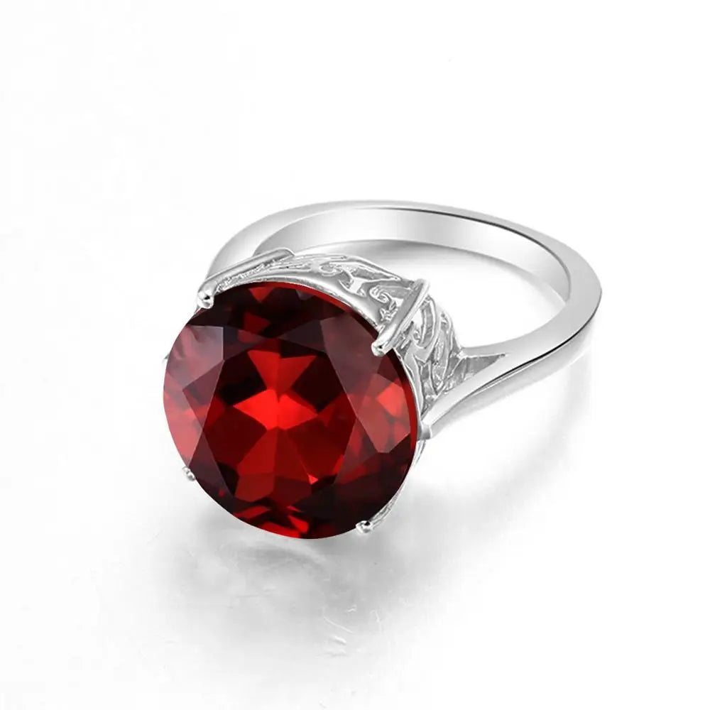 Garnet Wedding Ring Women Solid 925 Sterling Silver Rings Big Round Gemstone Ringly Carve Vintage Daily Fine Jewelry