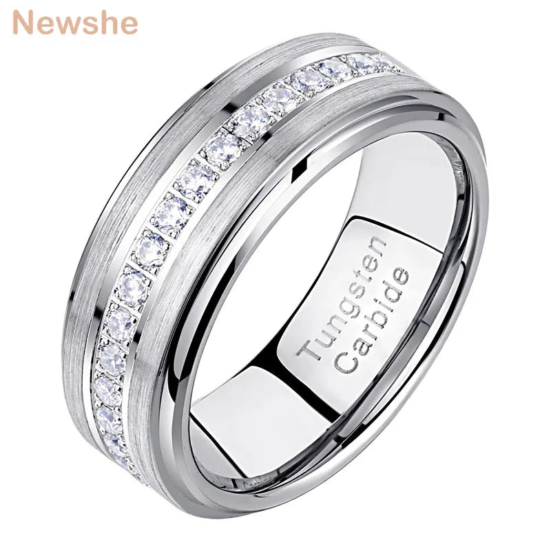 Newshe Men's Wedding Band Brushed Finished Tungsten Carbide Promise Rings for Men Charm Half Eternity Round Zircon Jewelry