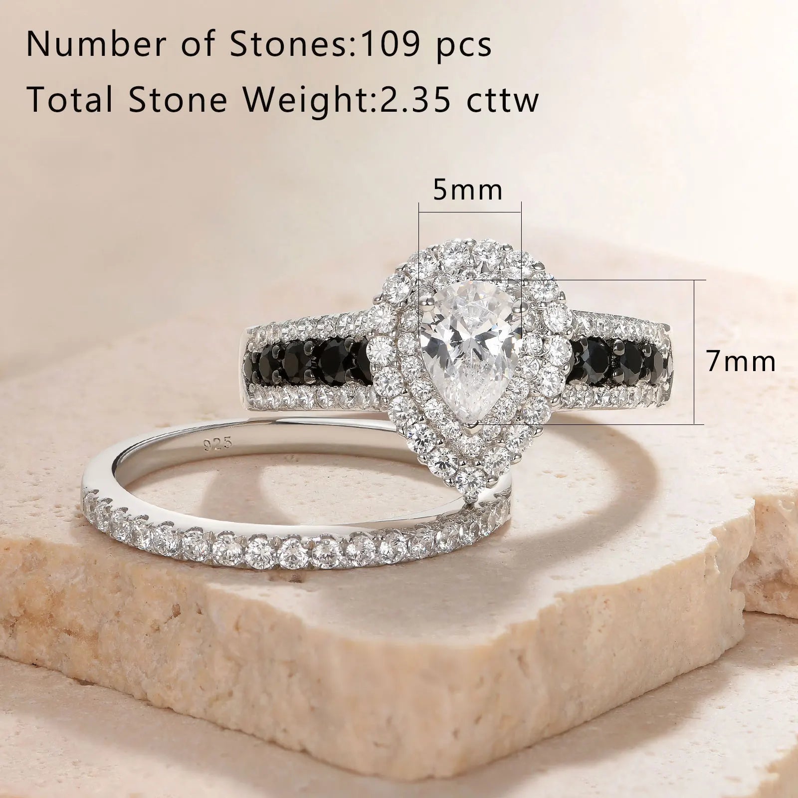 Newshe Pear Shaped Black White Engagement Ring Wedding Band for Women 2 Pieces Set 925 Silver Cubic Zircons Bridal Jewelry