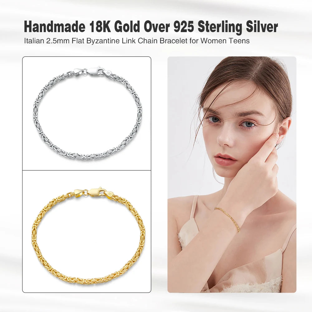 Rinntin Luxury 925 Sterling Silver Italian 2.5mm Flat Byzantine Link Chain Bracelet for Women Handmade Bracelet  Jewelry SB122