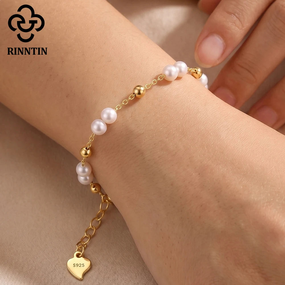 Rinntin Rerto 14K Gold 925 Sterling Silver Pearls Chain Bracelet Pearl Beads Bracelet on Hand Female Party Jewelry GPB40