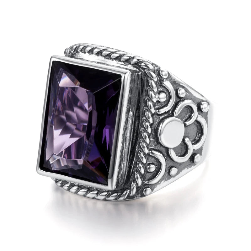 Massive 925 Sterling Silver Thick Men's Rings Amethyst Vintage Art Deco Revival Vintage Male Jewelry Party Gift For Husband
