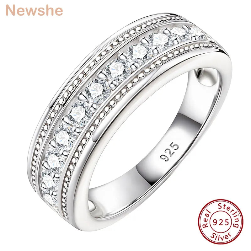 Newshe Genuine 925 Sterling Silver Wedding Rings for Men Half Eternity Brilliant Round Cut AAAAA Cubic Zircon Fine Jewelry