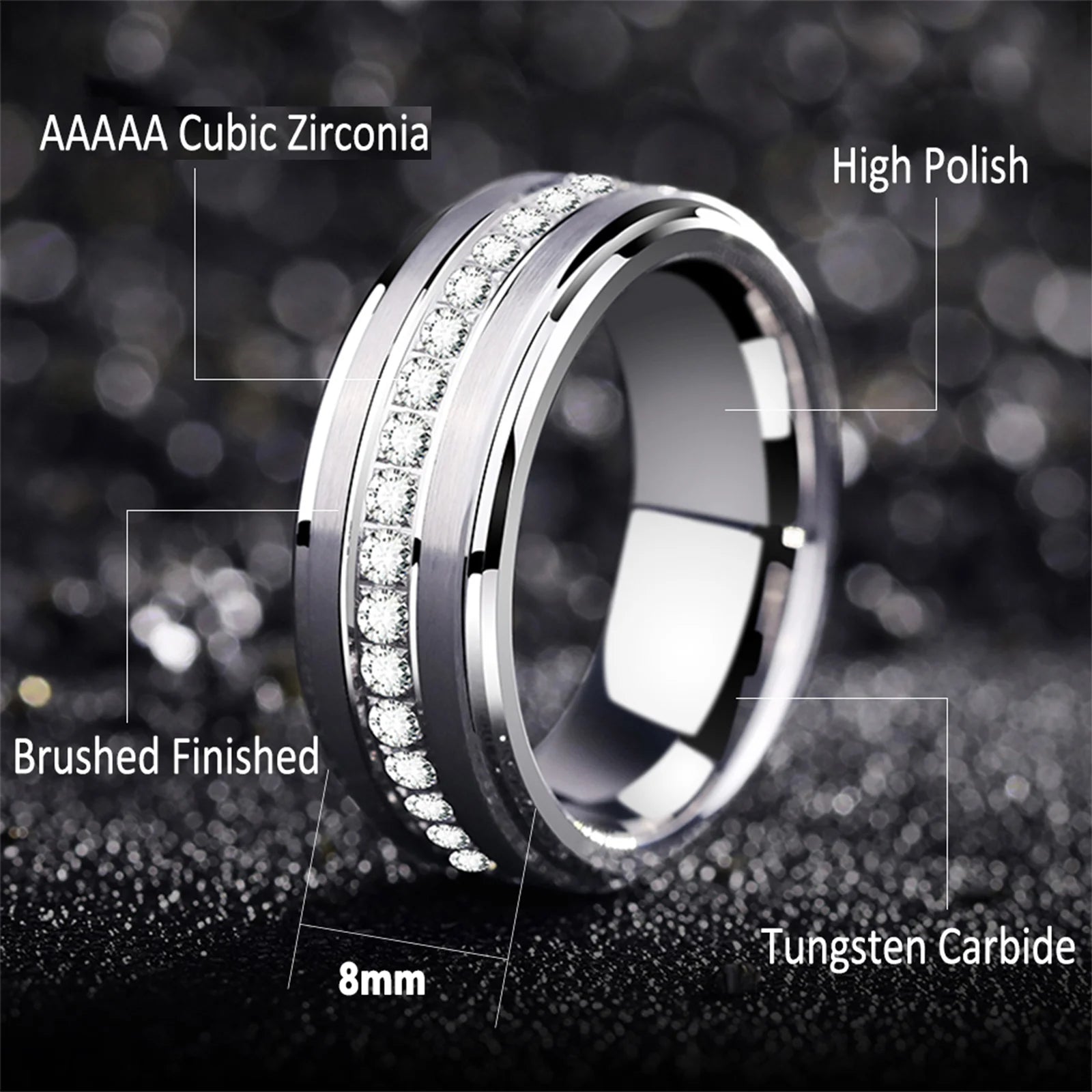 Newshe Men's Wedding Band Brushed Finished Tungsten Carbide Promise Rings for Men Charm Half Eternity Round Zircon Jewelry
