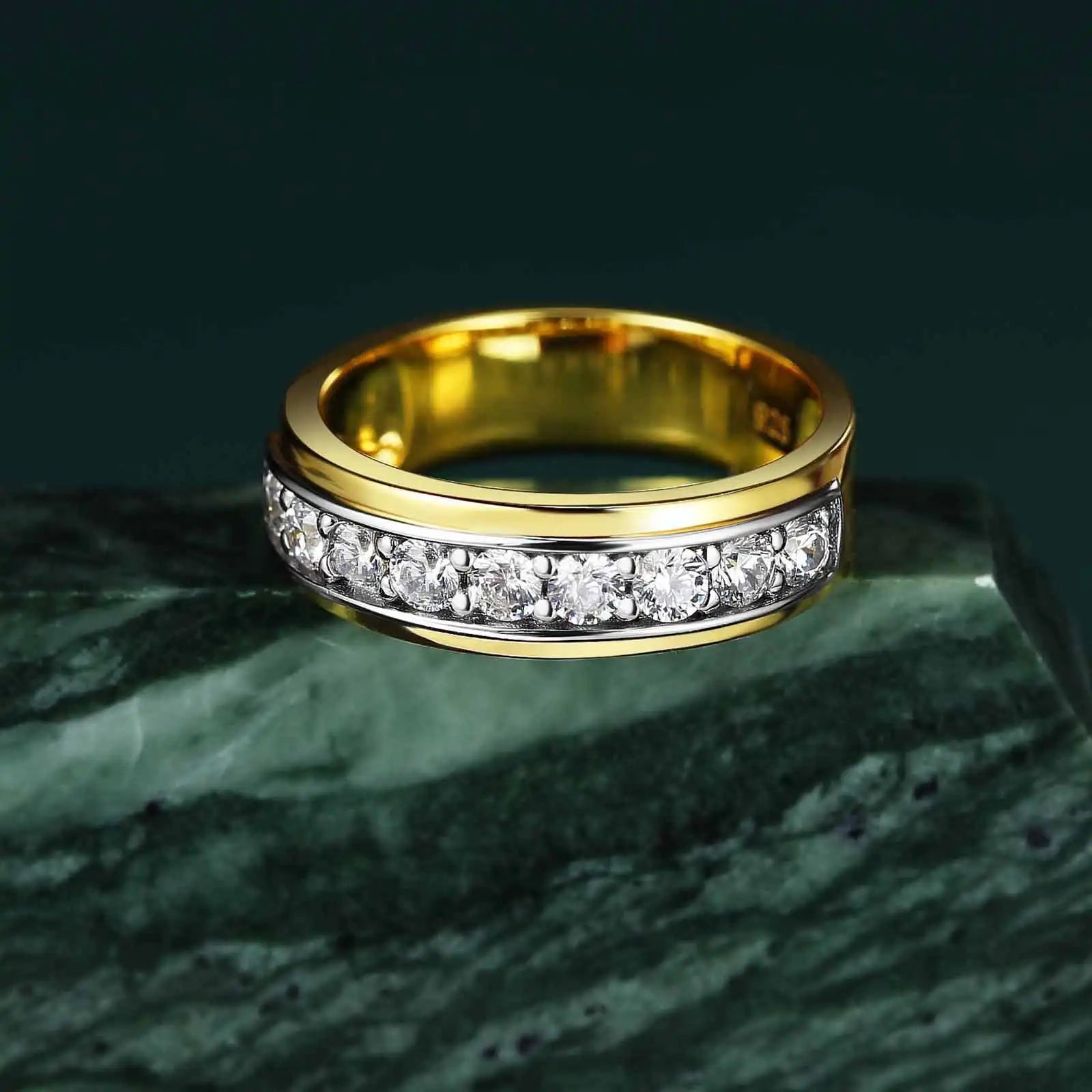 Newshe 925 Sterling Silver Moissanite Wedding Rings for Men Half Eternity Brilliant Round Imitation Diamond Engagement Band