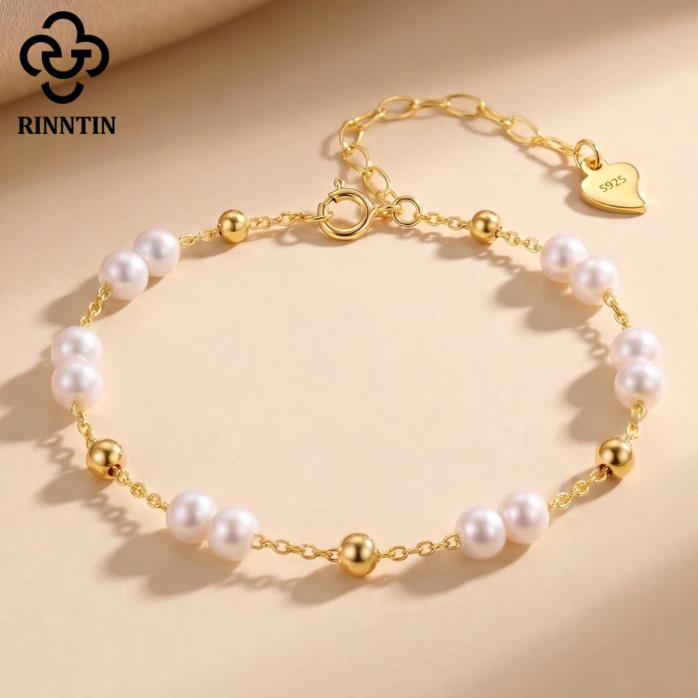 Rinntin Rerto 14K Gold 925 Sterling Silver Pearls Chain Bracelet Pearl Beads Bracelet on Hand Female Party Jewelry GPB40