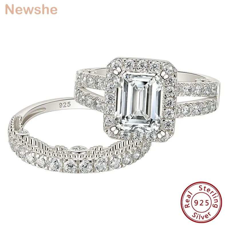 Newshe 925 Sterling Silver Vintage Emerald Cut AAAAA Cubic Zircon Wedding Engagement Rings for Women Bridal Set Fine Jewelry