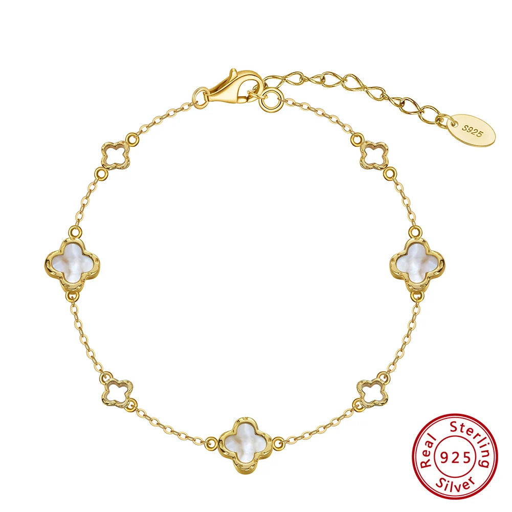 Rinntin New Design 925 Sterling Silver Lucky Four Leaf Clover Women's White Shell Bracelet Jewelry for Girlfriend Present GMB68