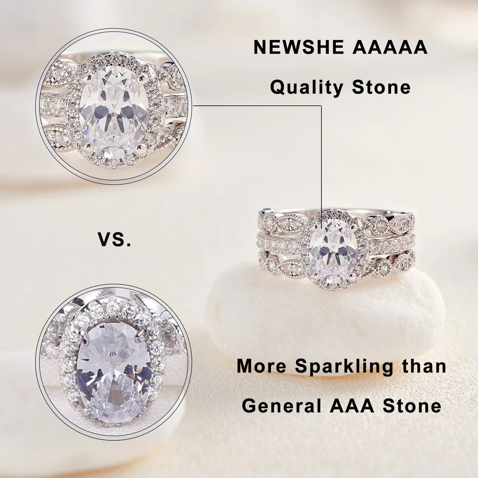 Newshe 3 Pieces Wedding Engagement Rings Set for Women 925 Sterling Silver Jewelry Art Deco Bands Oval AAAAA Cubic Zircon Ring