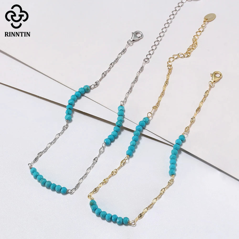 Rinntin 925 Sterling Silver Natural Turquoise Anklet with Butterfly Chain for Women Dainty Vintage Straps Jewelry SA85