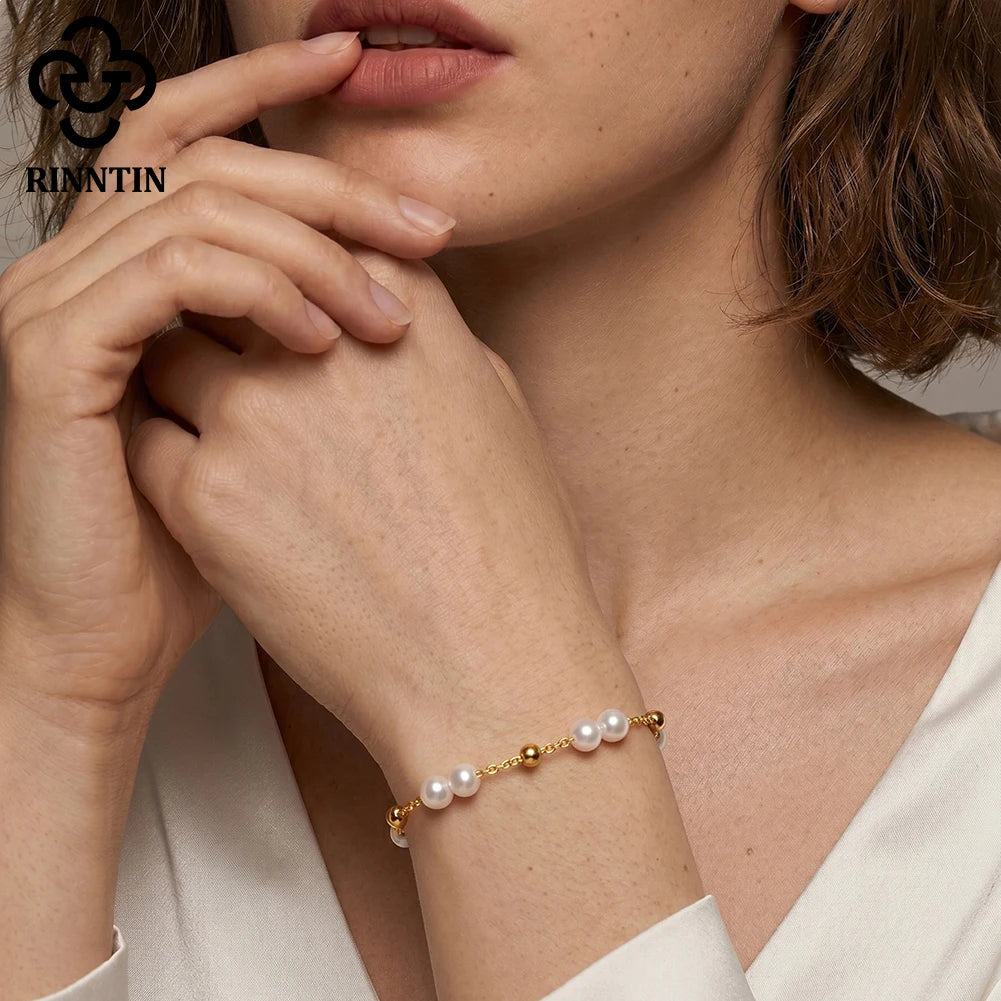 Rinntin Rerto 14K Gold 925 Sterling Silver Pearls Chain Bracelet Pearl Beads Bracelet on Hand Female Party Jewelry GPB40