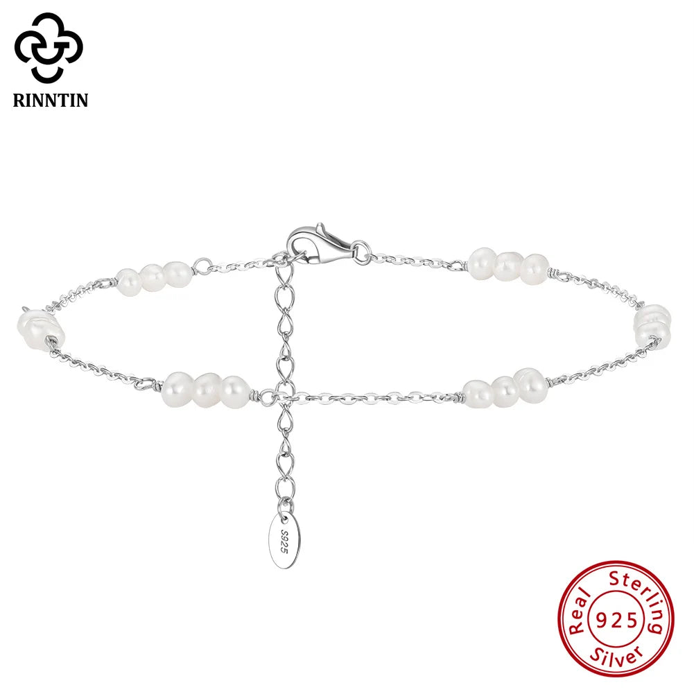 Rinntin 925 Sterling Silver Natural Pearls Anklets for Women Girls Fashion Foot Bracelet Ankle Straps Pearls Summer Jewelry SA36