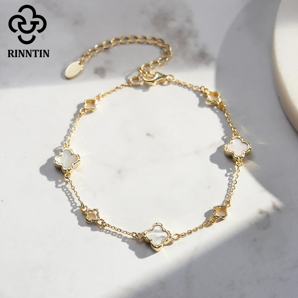 Rinntin Classic 925 Silver Four Leaf Clover Bracelet Hollow Clover Shaped Fashion for Women Girls Bracelet Birthday Gift GMB68