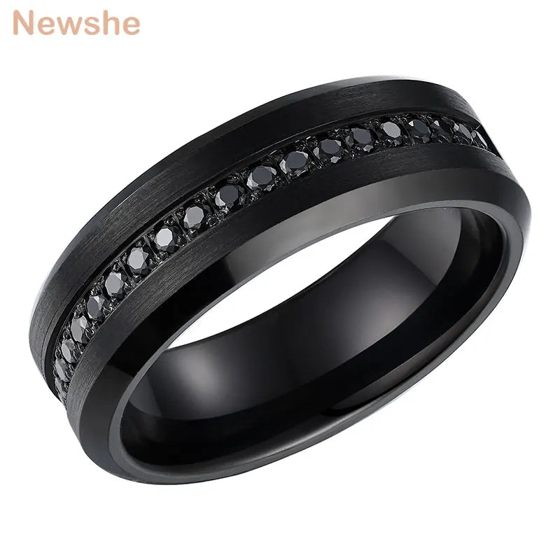 Newshe Black Tungsten Carbide Wedding Rings for Men Half Eternity AAAAA Round Cubic Zircon Charm Jewelry