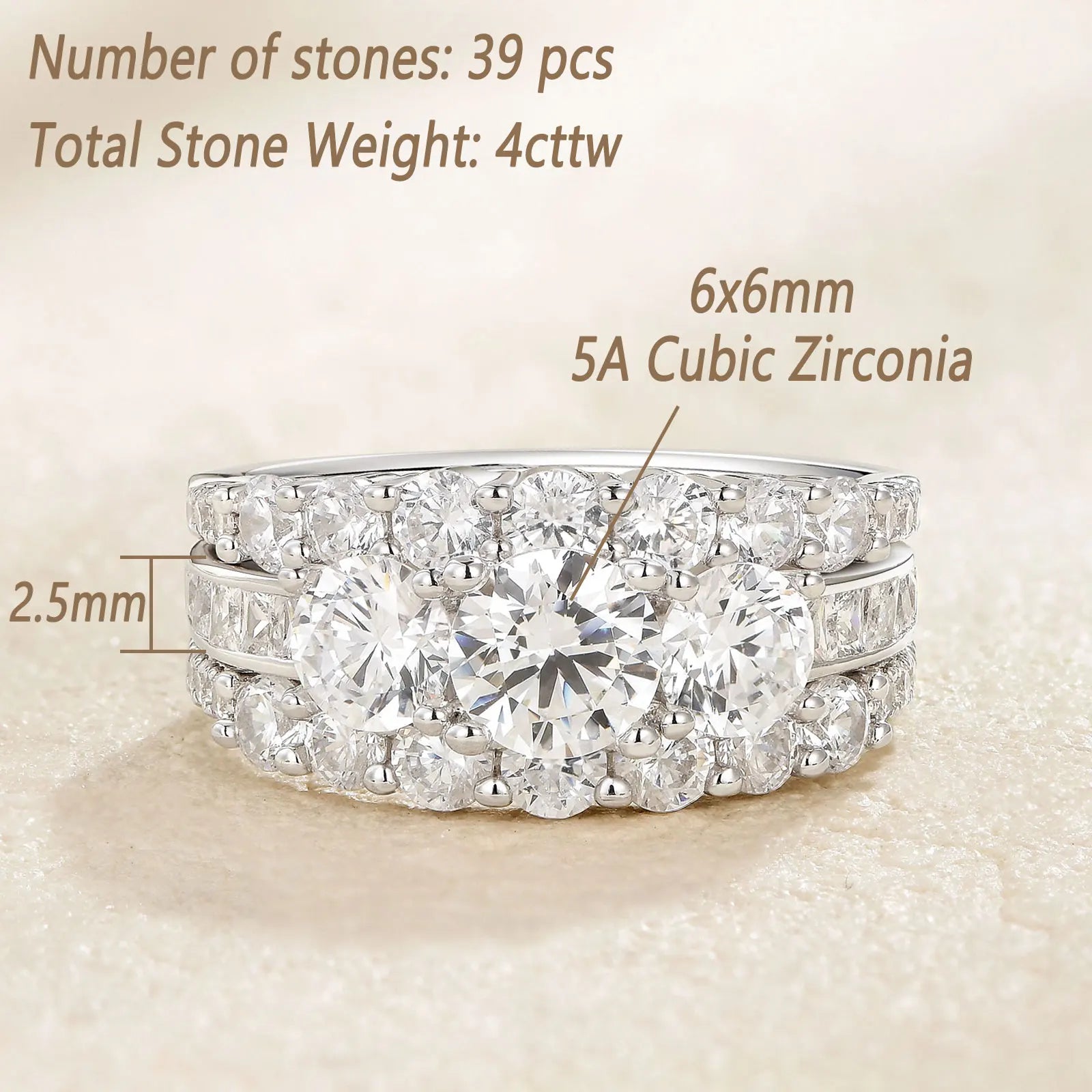 Newshe Solid 925 Sterling Silver Wedding Rings for Women AAAAA Grade Brilliant Round Cubic Zircon Guard Band Jewelry