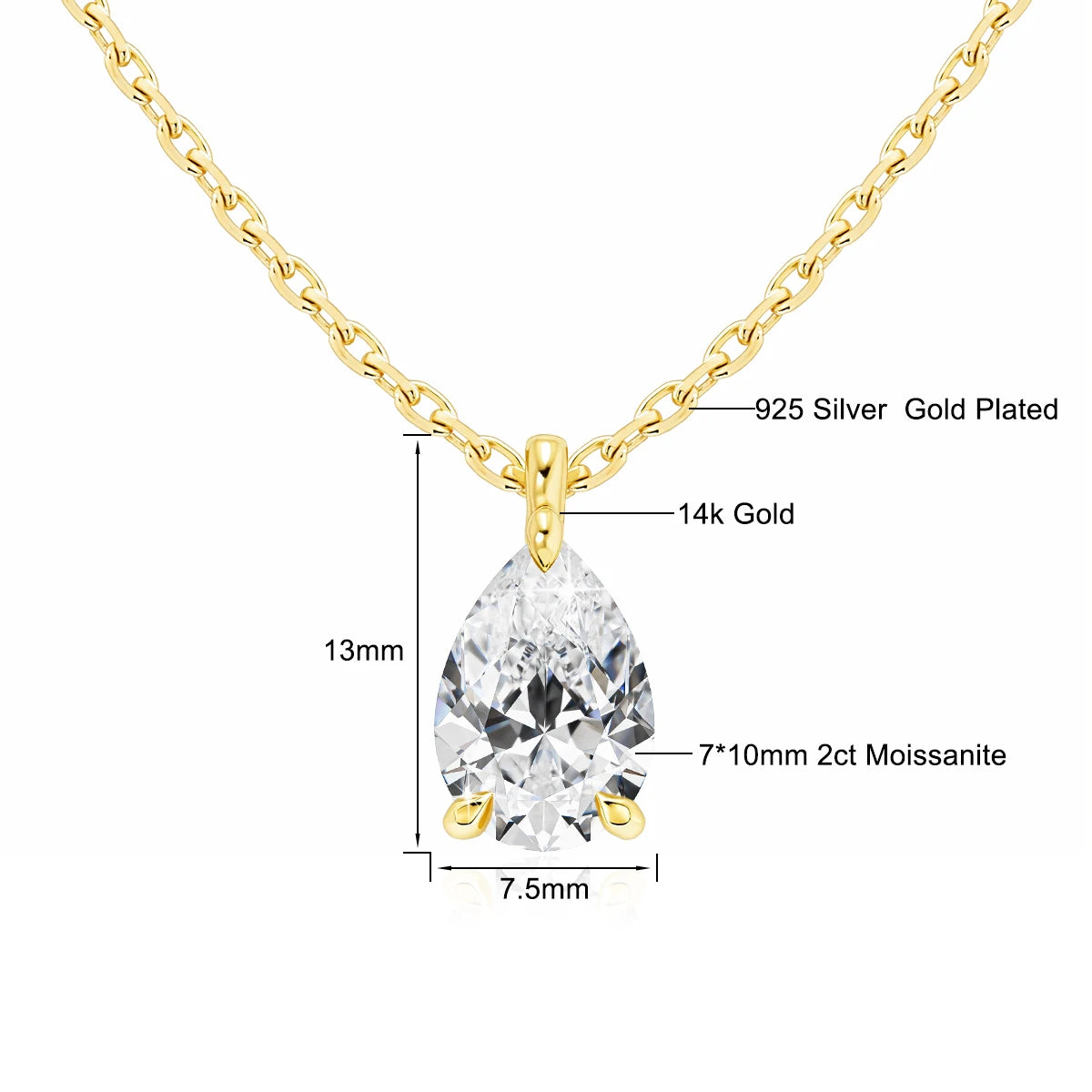 14K Gold Pear Cut Moissanite Diamond Necklaces for Women 0.5ct 1ct 2ct D VVS1 Solitaire Pendant Wedding Jewelry Certified