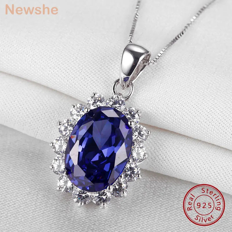 Newshe 6.4 Ct Oval Shape Blue AAAAA Zircon Pendant Solid 925 Sterling Silver 18 Inches Chain Necklace for Women