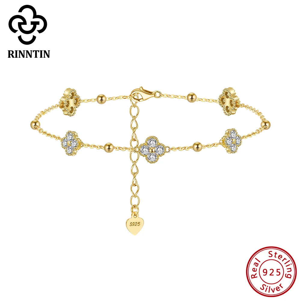 Rinntin 925 Sterling Silver Dainty Clover Bracelet Certified D Color Moissanite Bracelet Women Jewelry Flower Chain Gift SMOB04