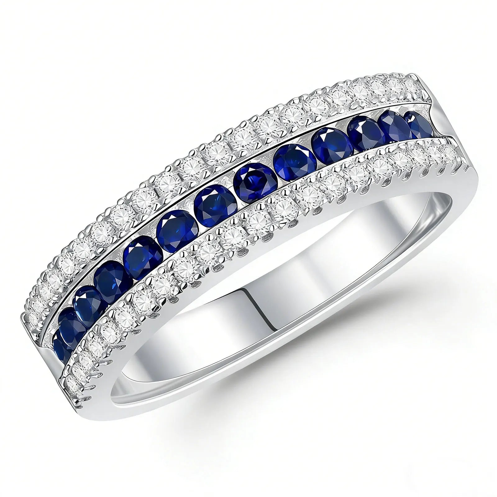 Newshe White and Blue Created Sapphire Rings for Women Half Eternity Wedding Band Cubic Zircon Party Ring