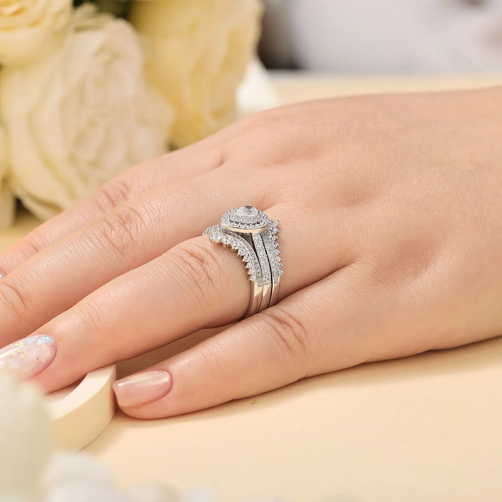 Newshe Full Moissanite Halo Pear Engagement Ring Bridal Set for Women Enhancer Wedding Band Wraps White Gold Plated Jewelry