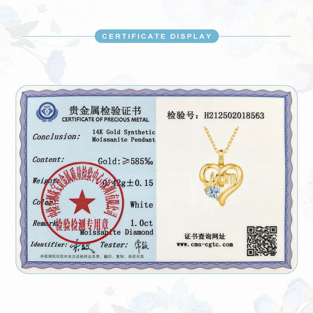 Mom Love Heart Shape 14K Gold Pendant for Women k gold Au585 Necklace Moissanite Jewelry Mother's Day Gifts with Certificate