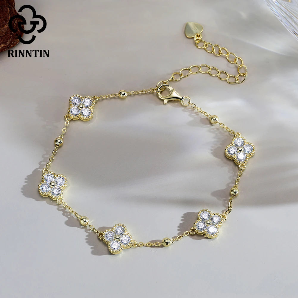 Rinntin 925 Sterling Silver Dainty Clover Bracelet Certified D Color Moissanite Bracelet Women Jewelry Flower Chain Gift SMOB04