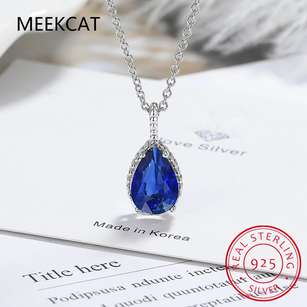 Pear Cut Created Blue Sapphire 925 Sterling Silver Water Drop Pendant Necklace Fashion Gemstone Jewelry For Women Party Gift