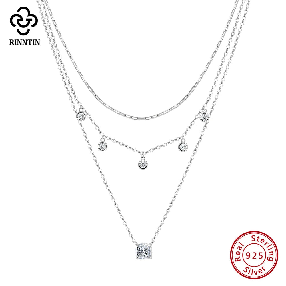 Rinntin Luxury 925 Sterling Silver Layered Choker Necklace for Women Brilliant Summer Necklace Party Jewelry Accessorry BQN43